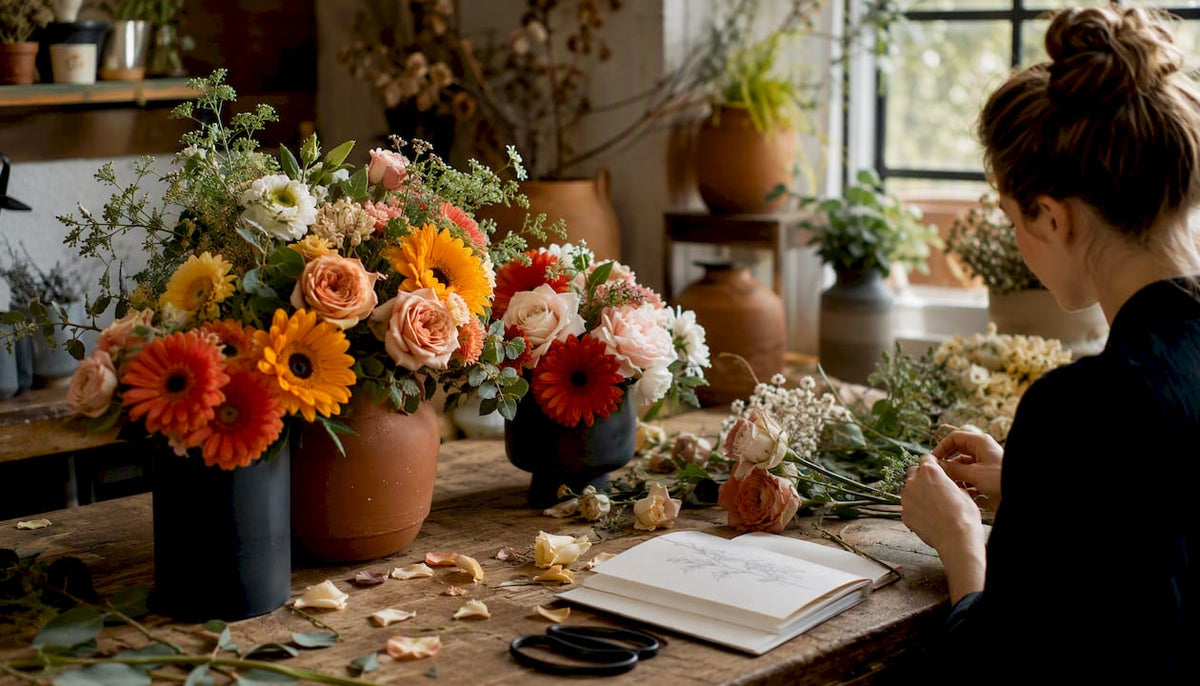 Handcrafted birthday flower bouquets on workshop table