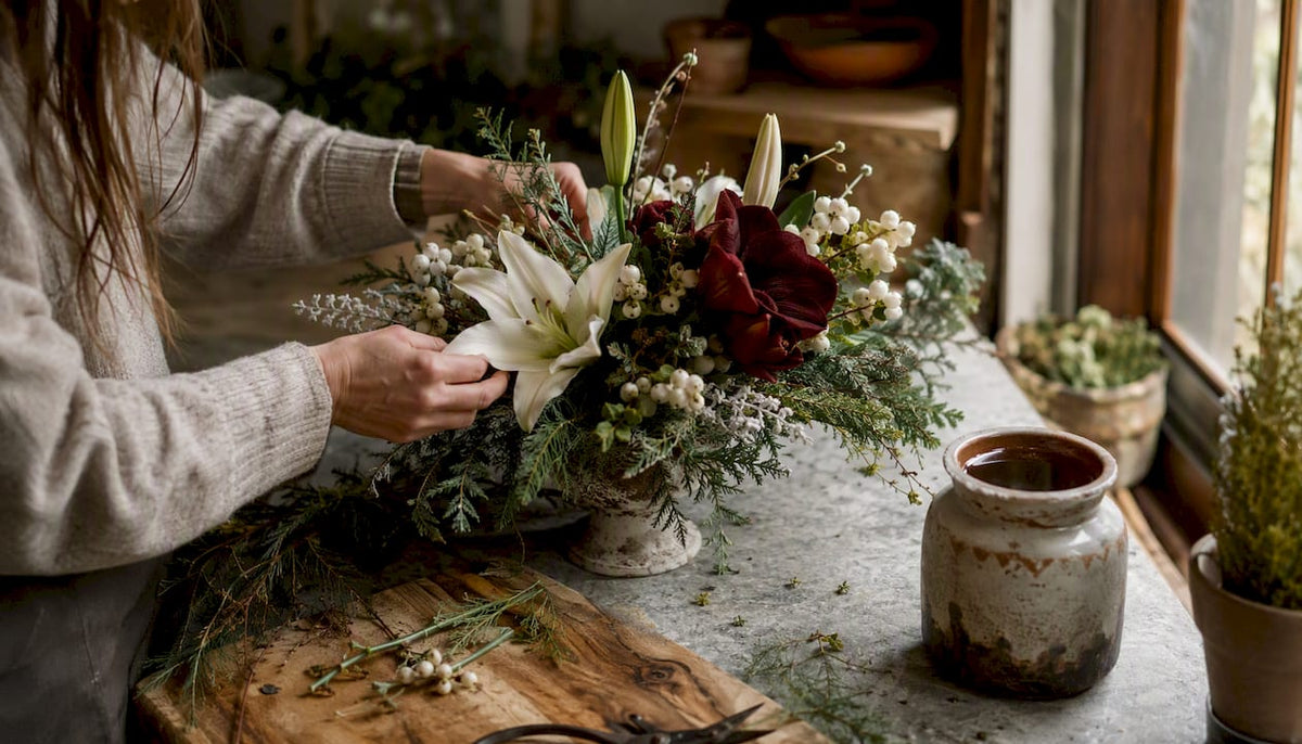 Florist arranging Christmas flower centerpiece
