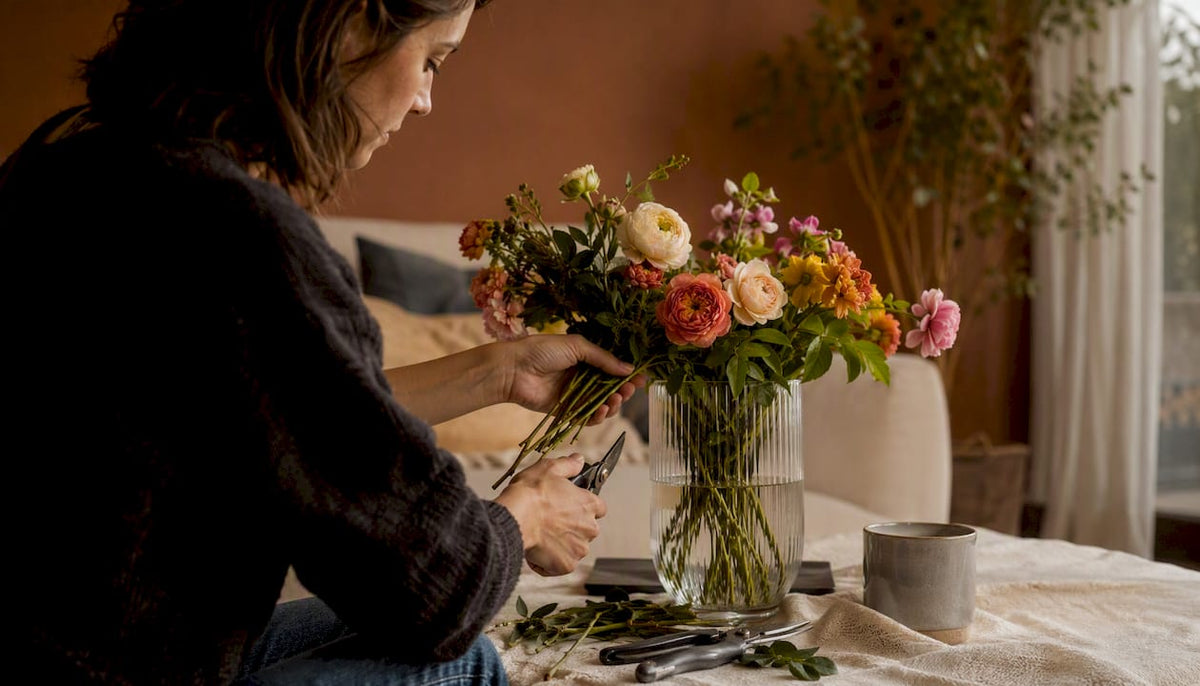 Hands trimming fresh bouquet stems in vase