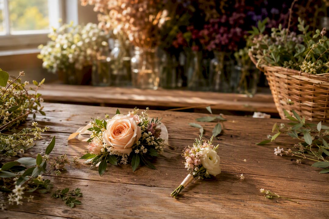Hands arranging matching corsage and boutonniere on cloth