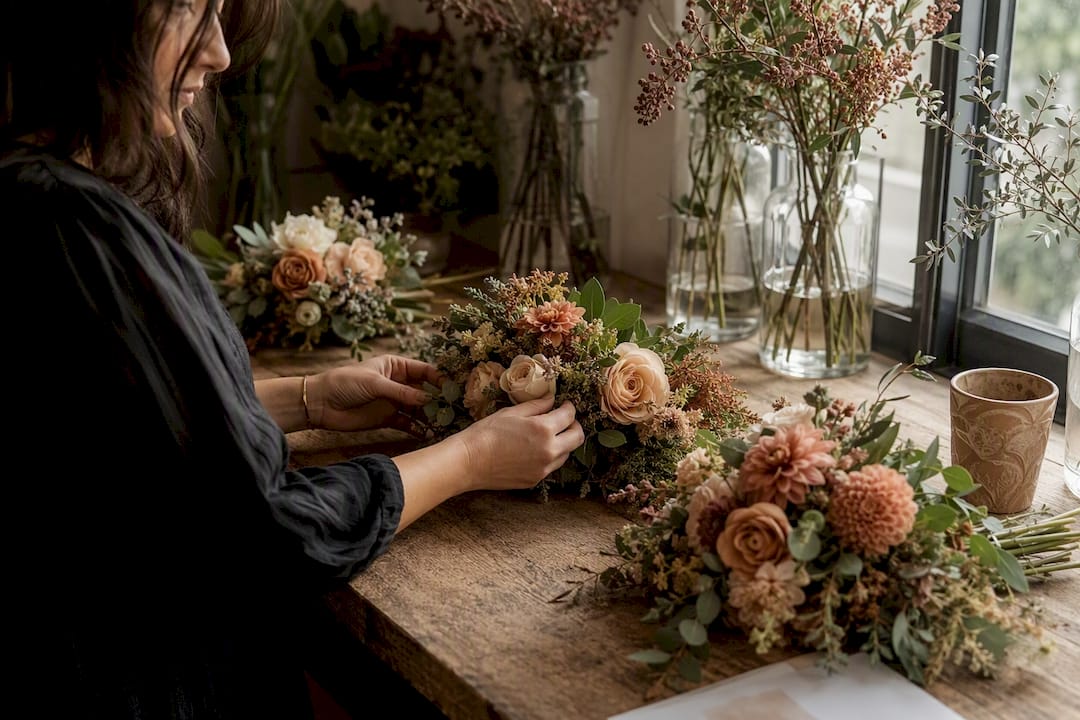 Hands selecting wedding bouquets on table