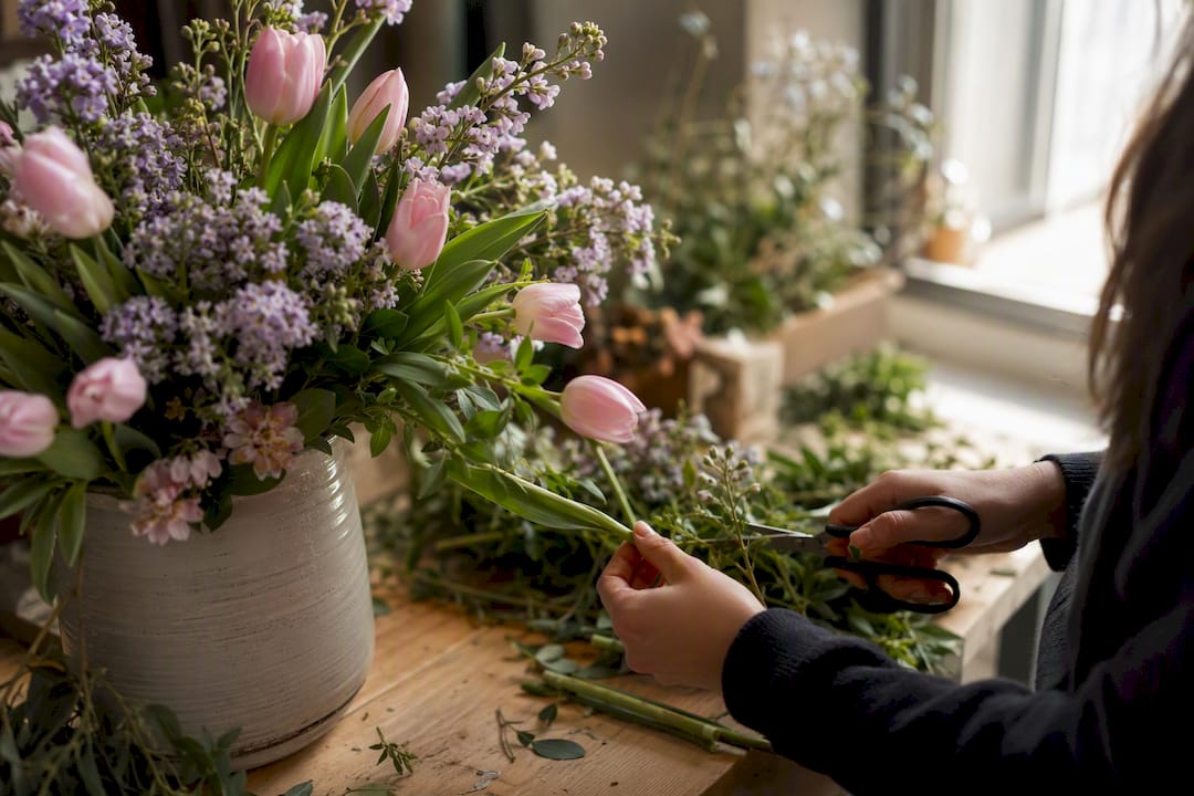Arranged sympathy flowers being prepared