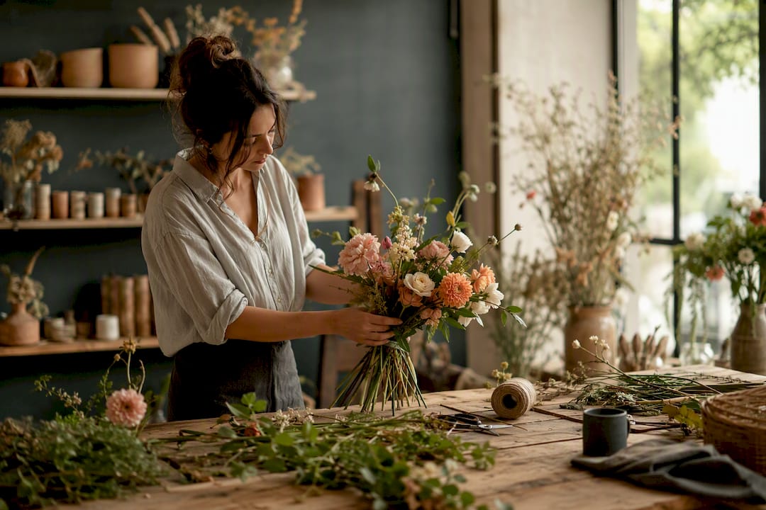 Florist hands arranging eco-friendly bouquet