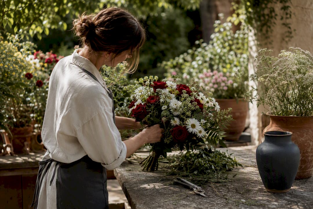 Hands arranging anniversary flower bouquet