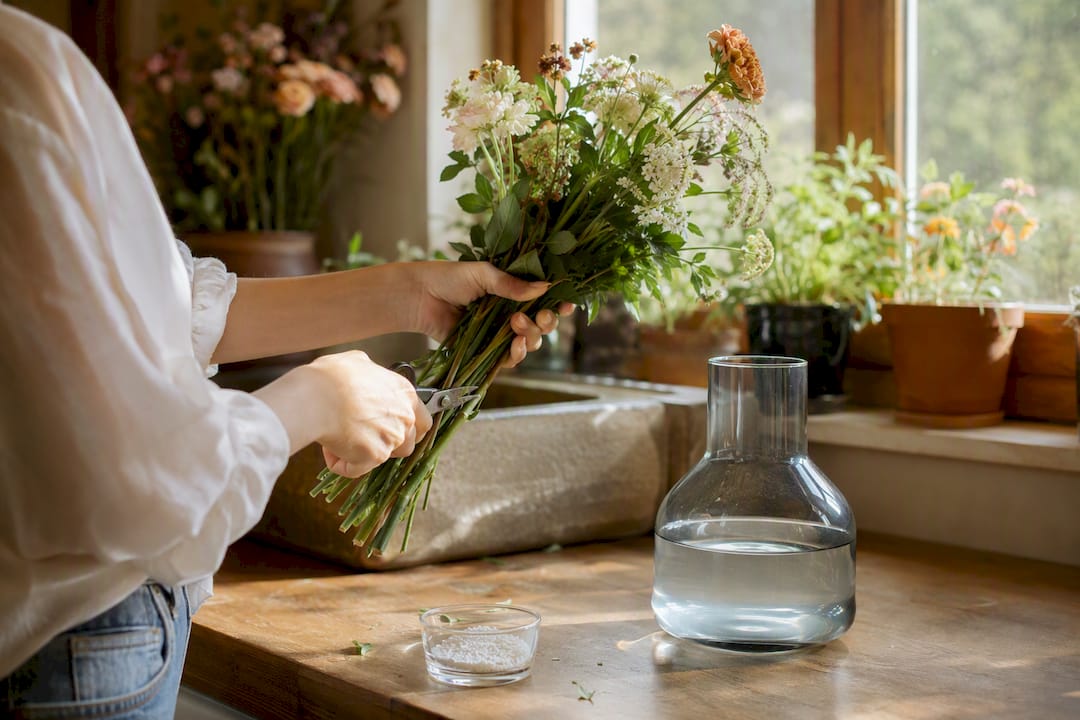 Hands trimming freshly cut flower stems