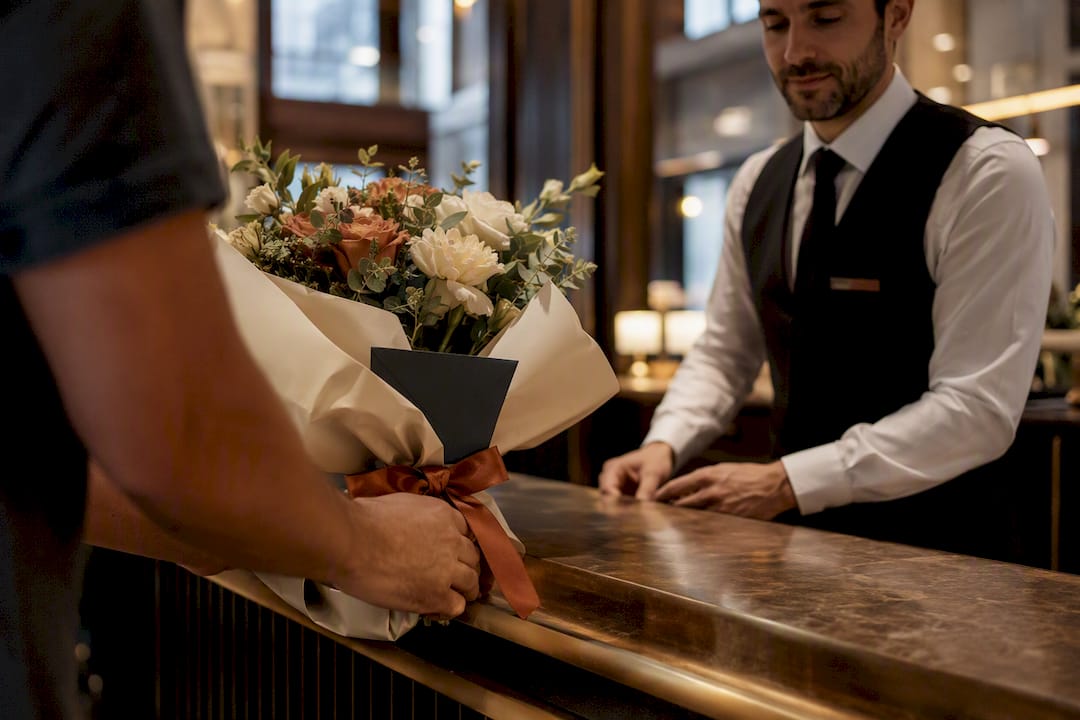 Flower delivery arriving at hotel concierge