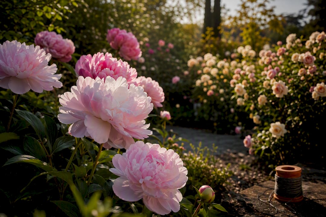 Peonies and roses blooming in a garden