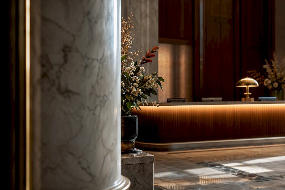 Hotel lobby with preserved and fresh floral details