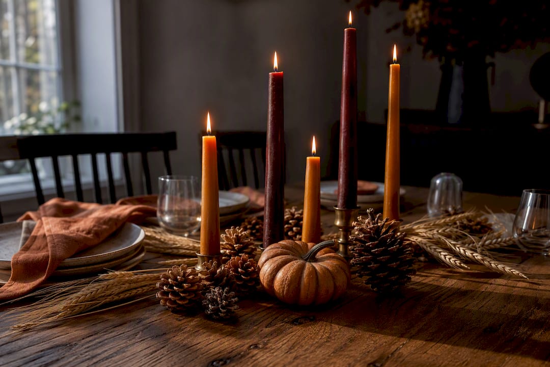 Thanksgiving centerpiece with candles pumpkins and pinecones