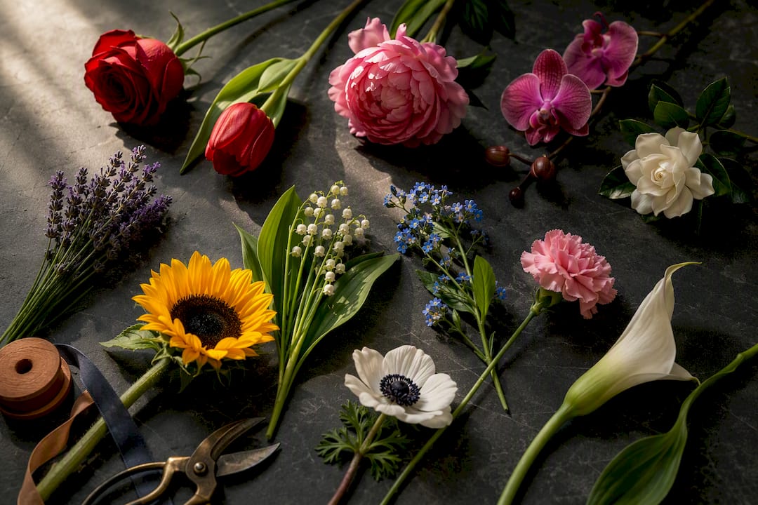 Romantic flowers arranged as a botanical study