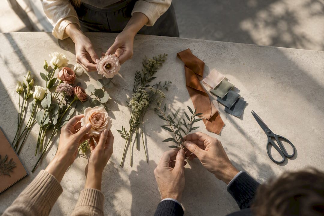 Couple selecting flower stems during consultation