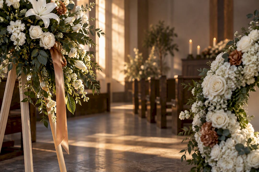 Cropped funeral spray and wreath in chapel