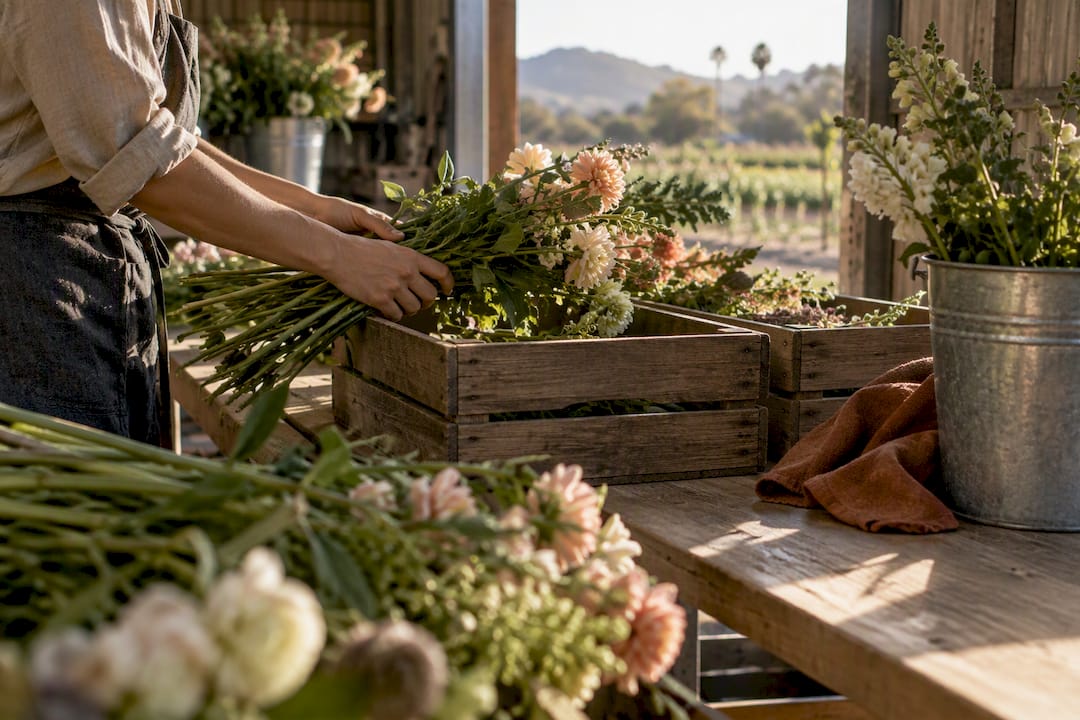 Seasonal stems sorted at a local flower farm