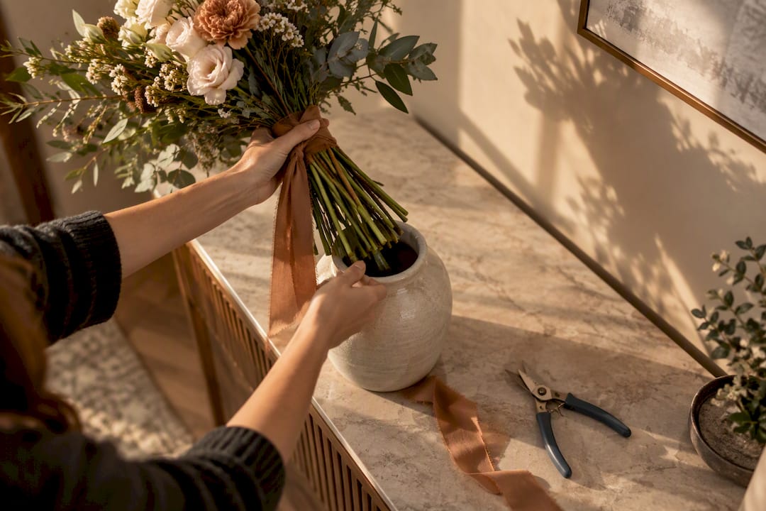 Hands transitioning tied stems into vase