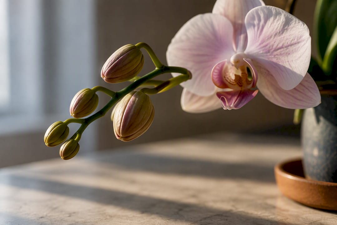 Orchid buds beside a fully open bloom