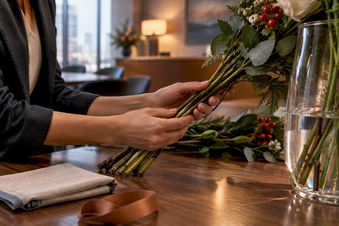 Fresh holiday flower stems in office
