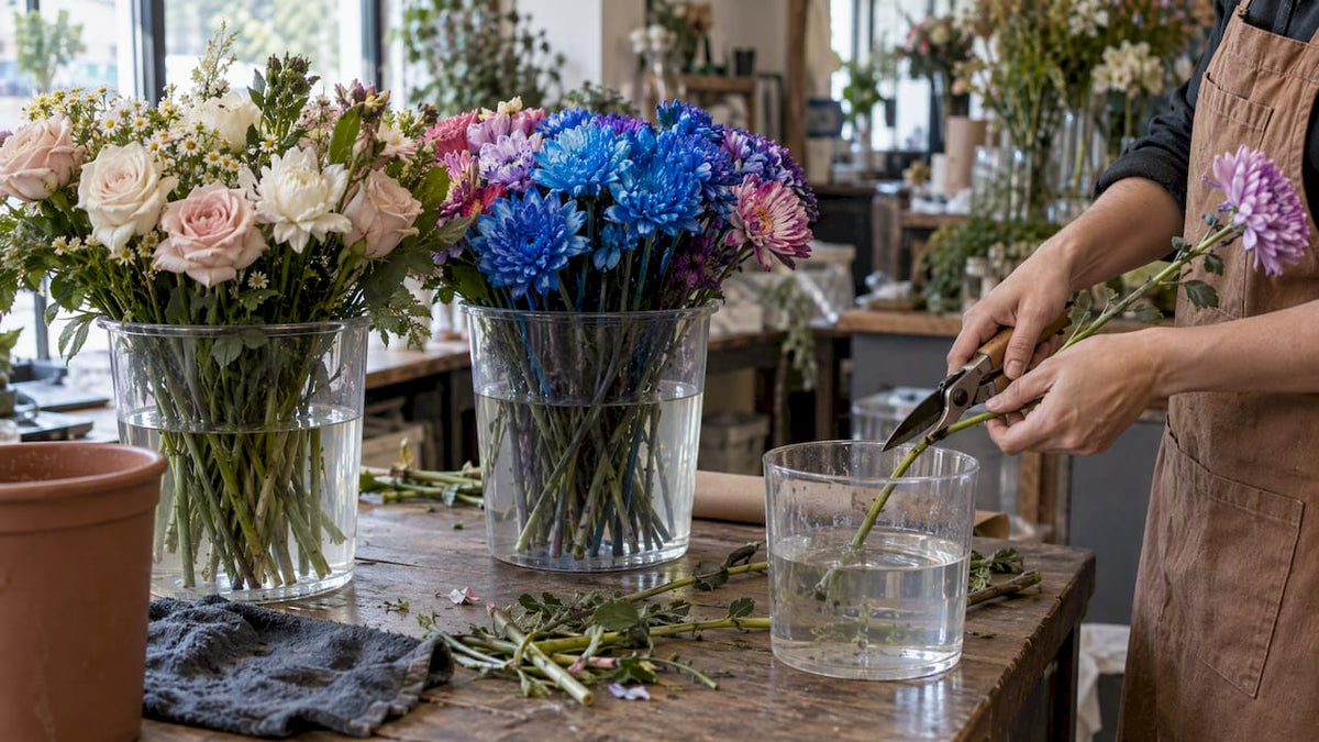 Dyed and natural flowers on florist bench