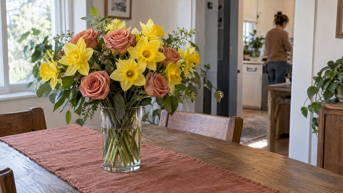 Daffodils and roses in a home vase