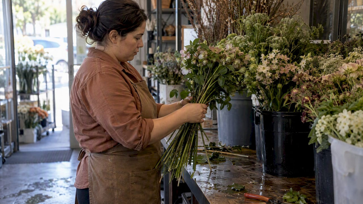 Florist checking freshly delivered flower stems