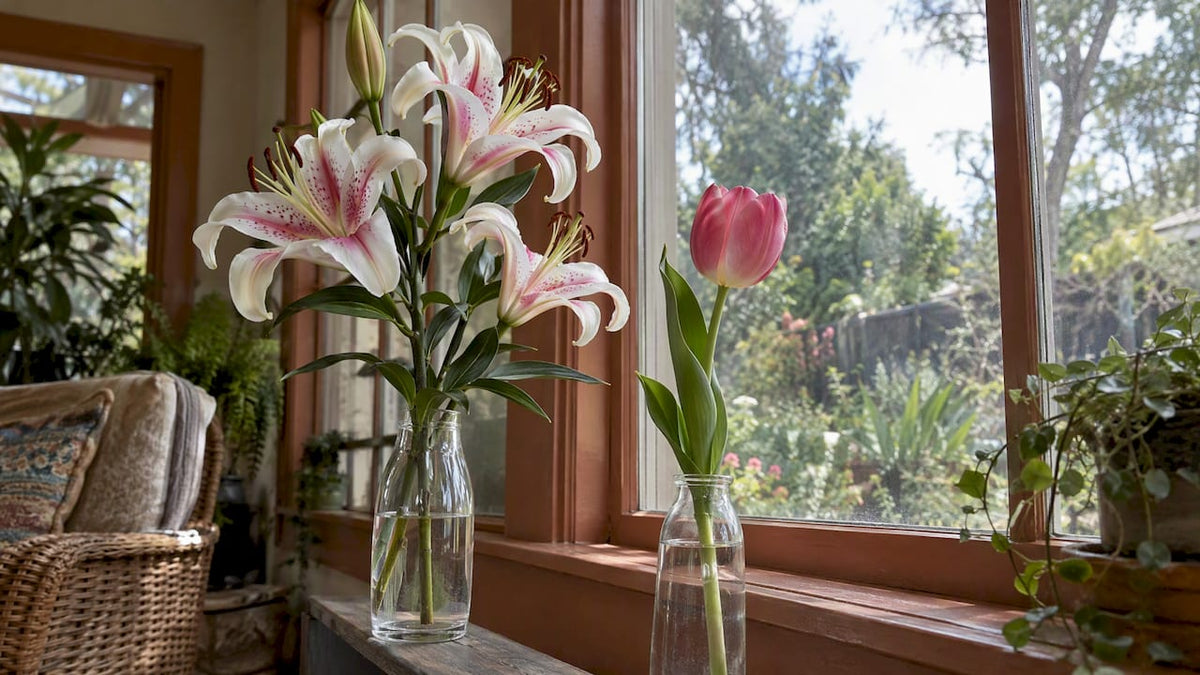 Lily and tulip blooms shown side by side