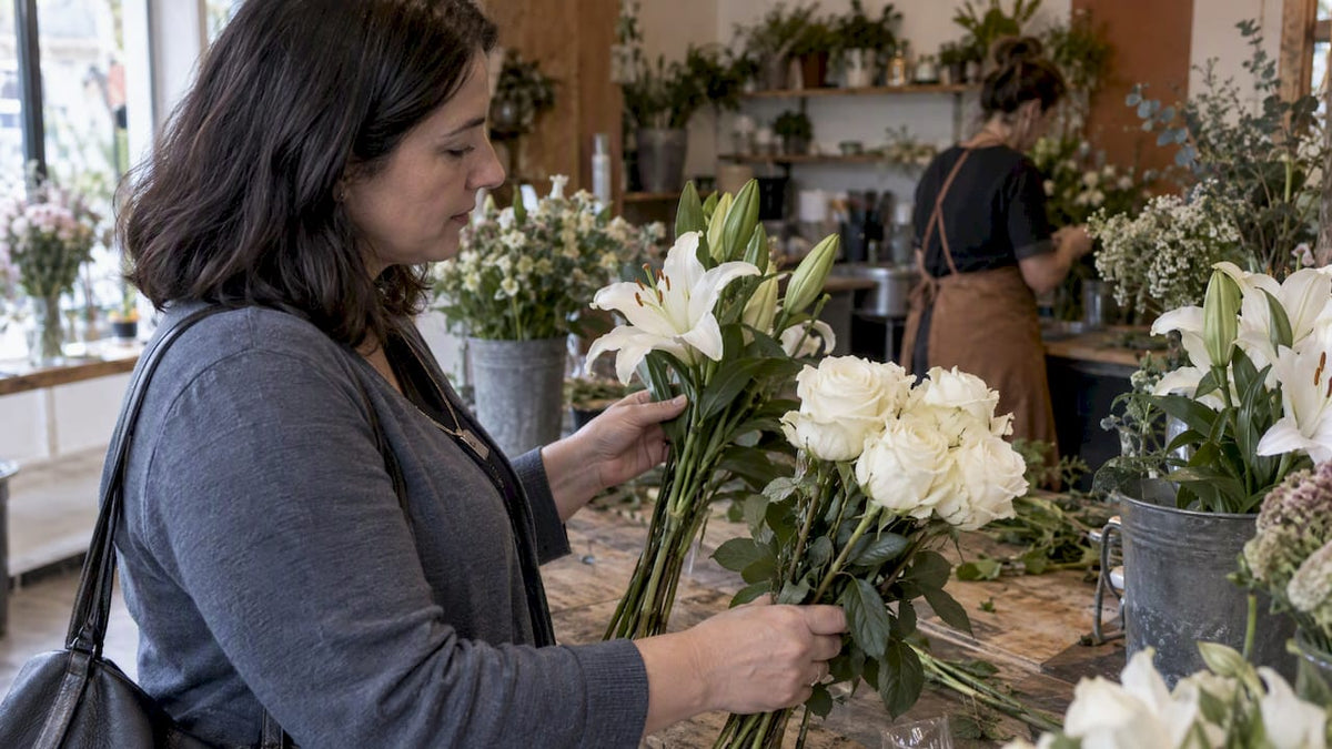 Customer considering white funeral flowers with florist