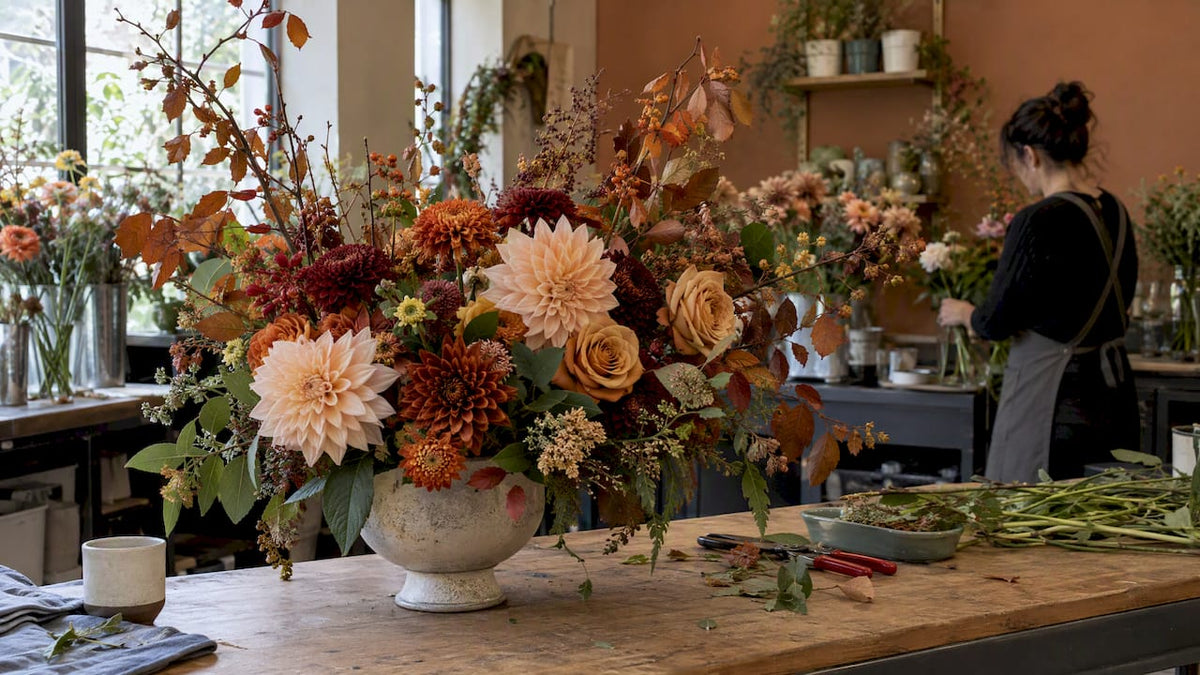 Handcrafted fall arrangement with dahlias and branches
