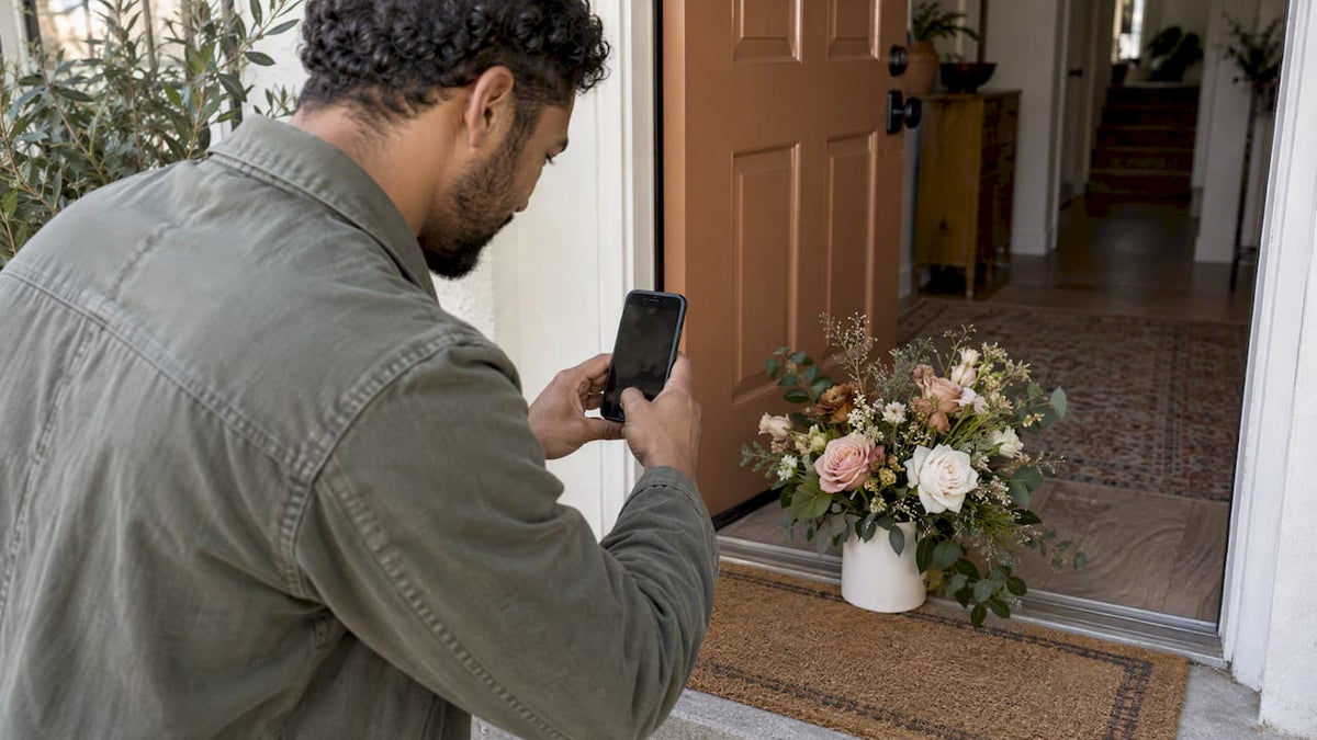 Driver photographing flowers at a townhouse doorway