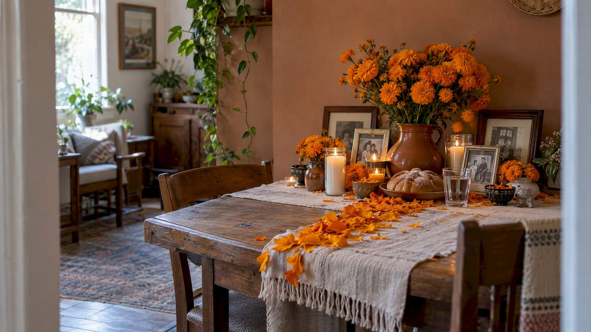 Marigold petals leading toward a home ofrenda