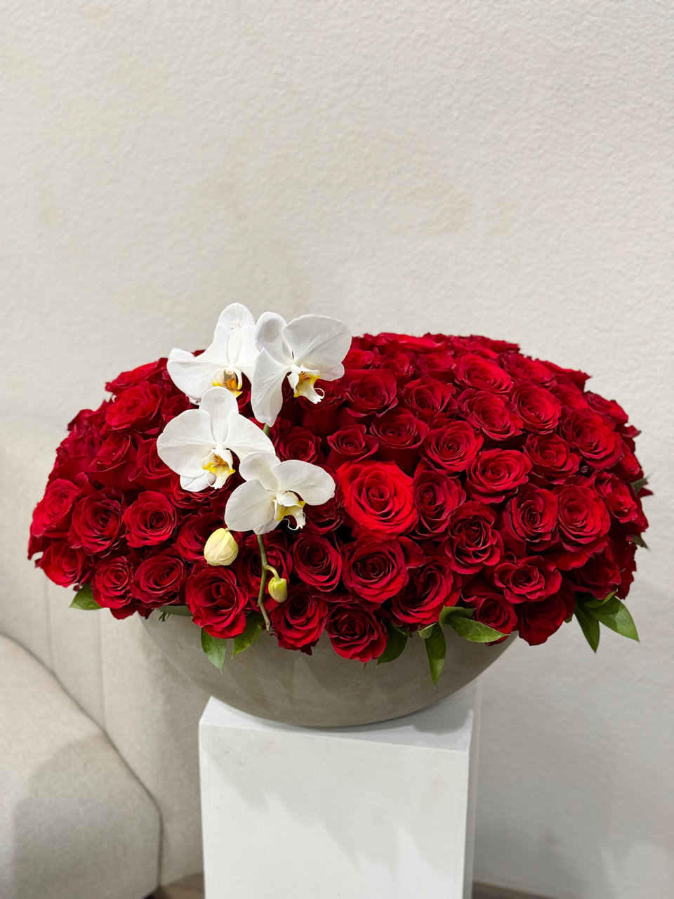 100 Red Roses in a concrete vase
